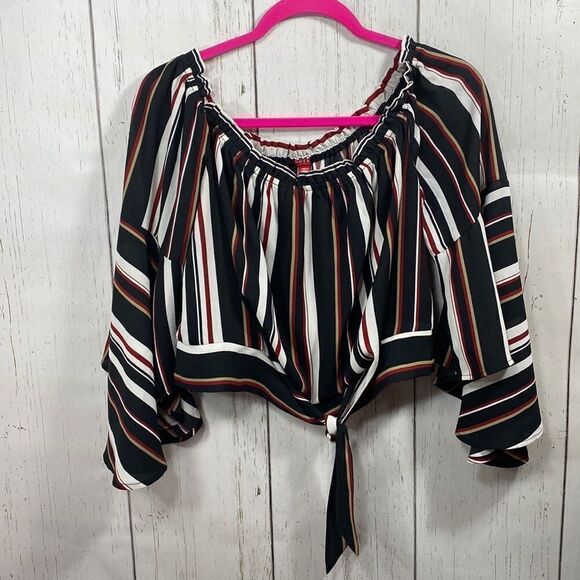 Guess Striped Off The Shoulder Bell Sleeve Blouse - Picture 2 of 16